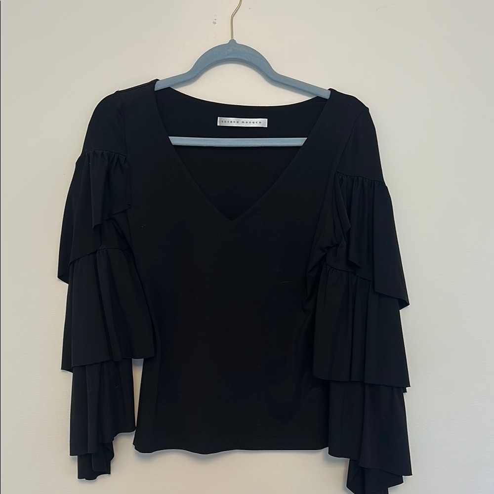 Susana Monaco Black Ruffled Fitted Blouse